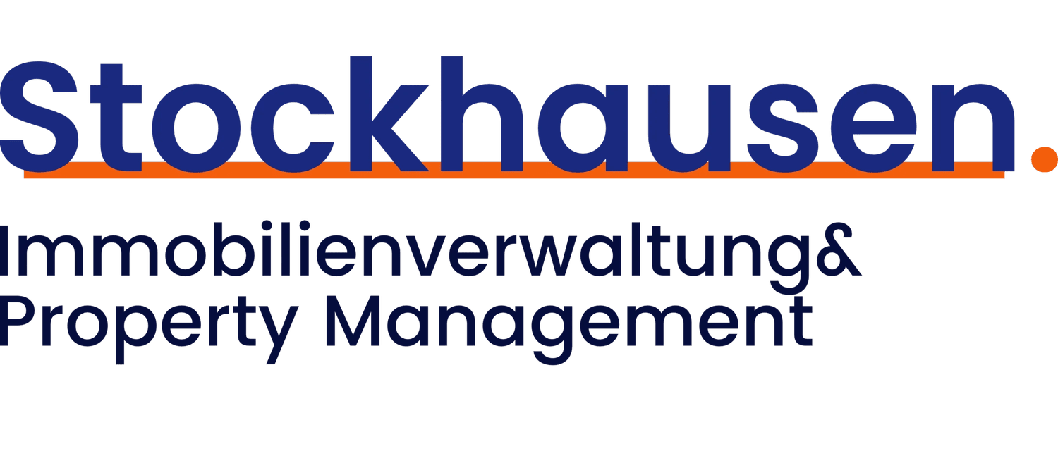 Logo mit dem Text 'stockhausen. Immobilienverwaltung & Property Management' in blauer Schrift, wobei 'stockhausen.' hervorgehoben ist mit einer orangefarbenen Linie darunter.