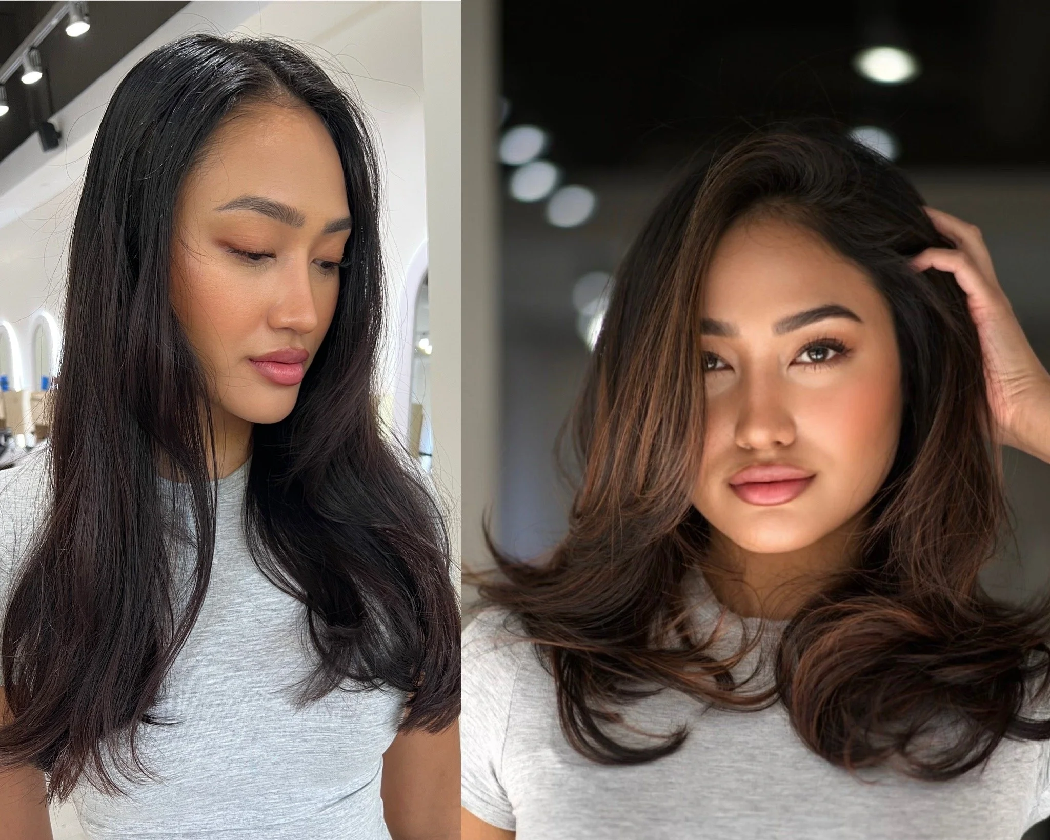 Side-by-side photos of a woman at a salon, showcasing her long dark hair and styled bob hair with soft waves.
