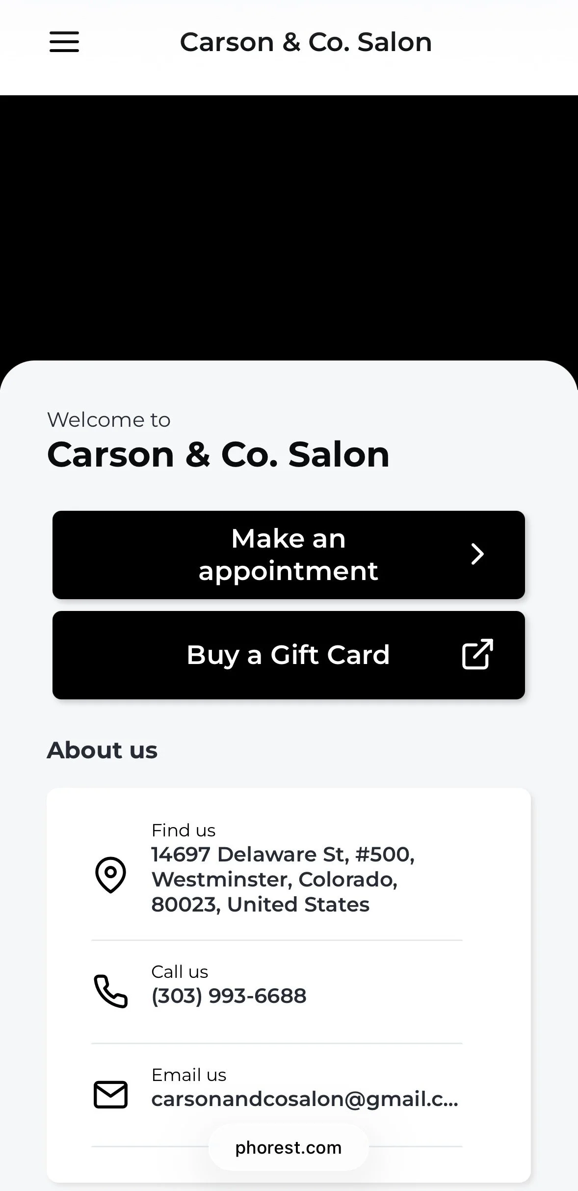 Mobile webpage for Carson & Co. Salon displaying options to make an appointment, buy a gift card, and contact information including address, phone number, and email.