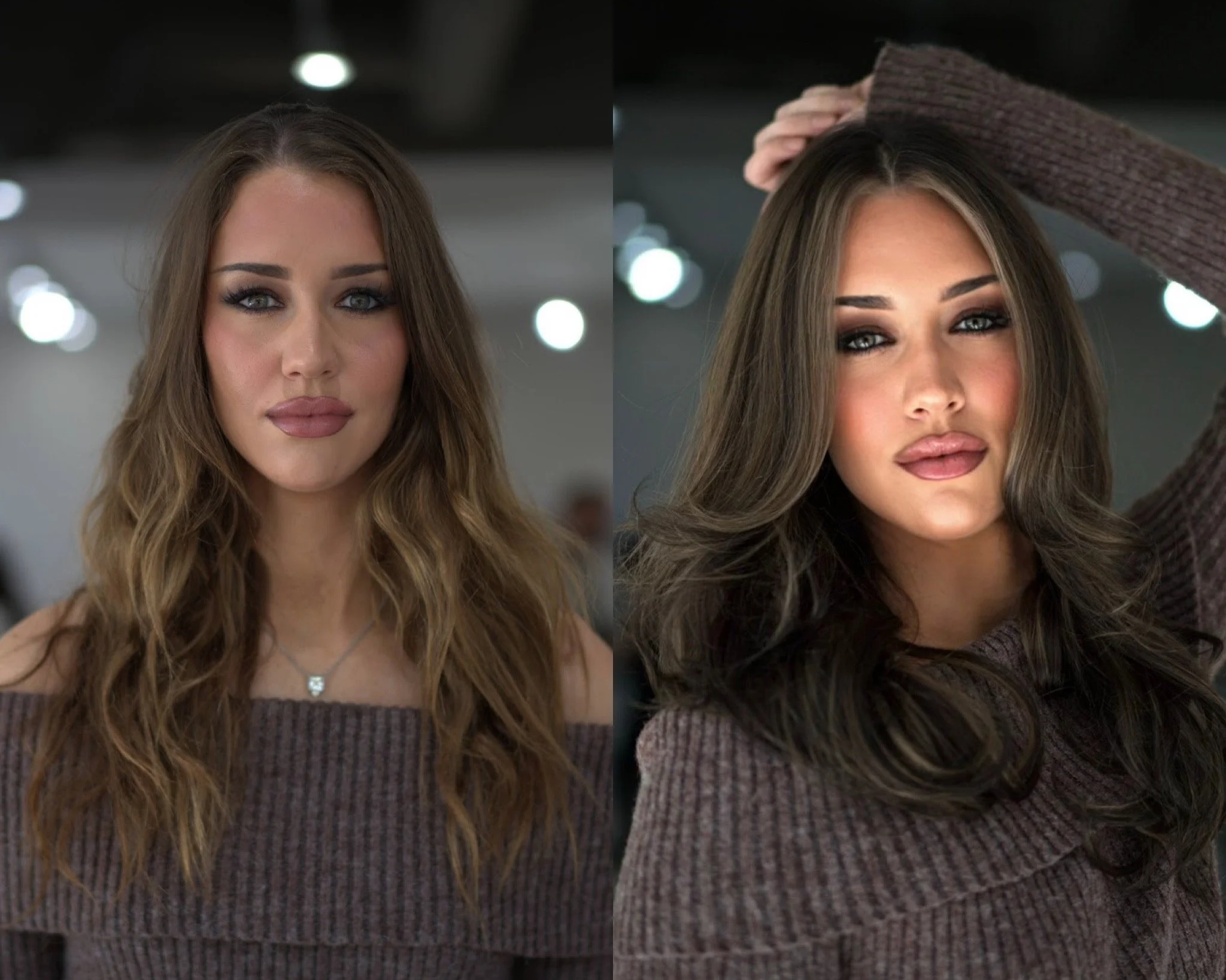 Split-screen of two women with long wavy hair, wearing brown off-shoulder sweaters, with makeup and styled hair, posing confidently indoors with bright lights in the background.