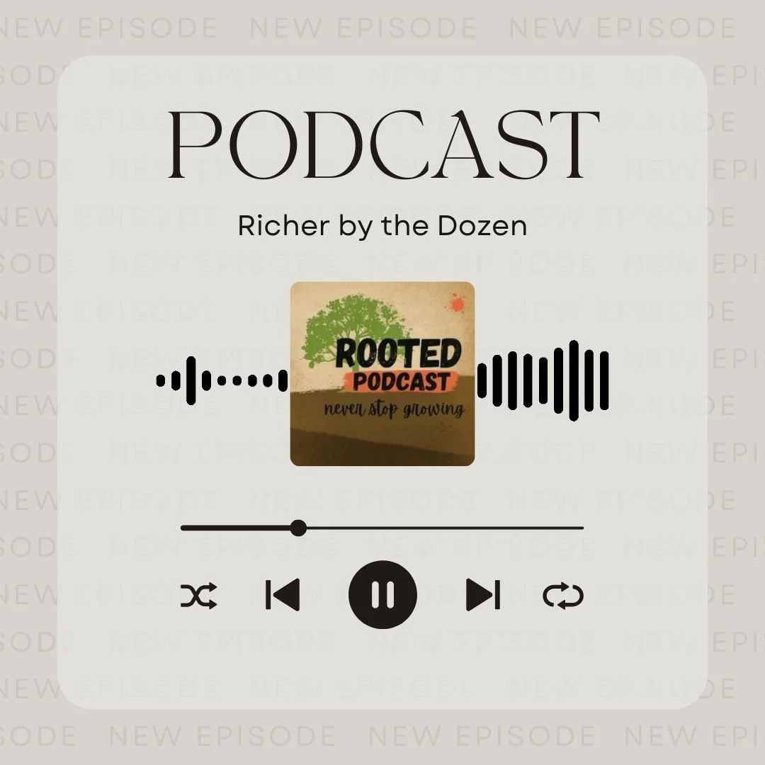 Podcast app playing 'Richer by the Dozen' by Rooted Podcast with playback controls visible.