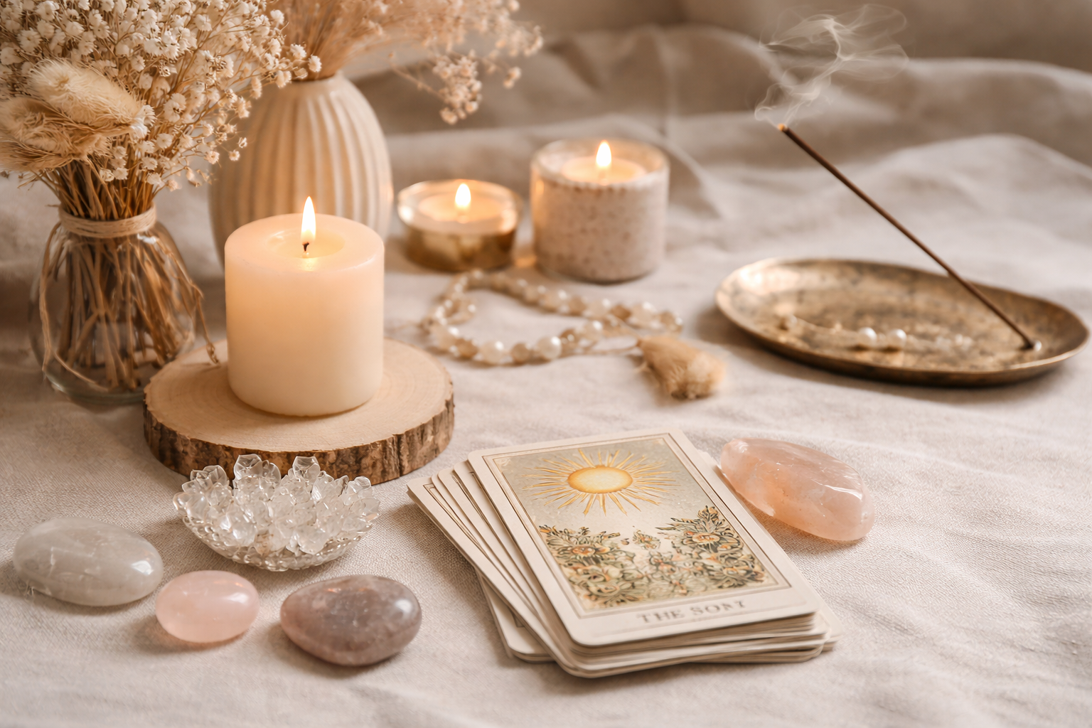 A table setup with a lit candle on a wooden slab, dried flowers in vases, tarot cards, crystals, a rosary, a bowl with a smoking incense stick, and other decorative items in a soft, neutral setting.
