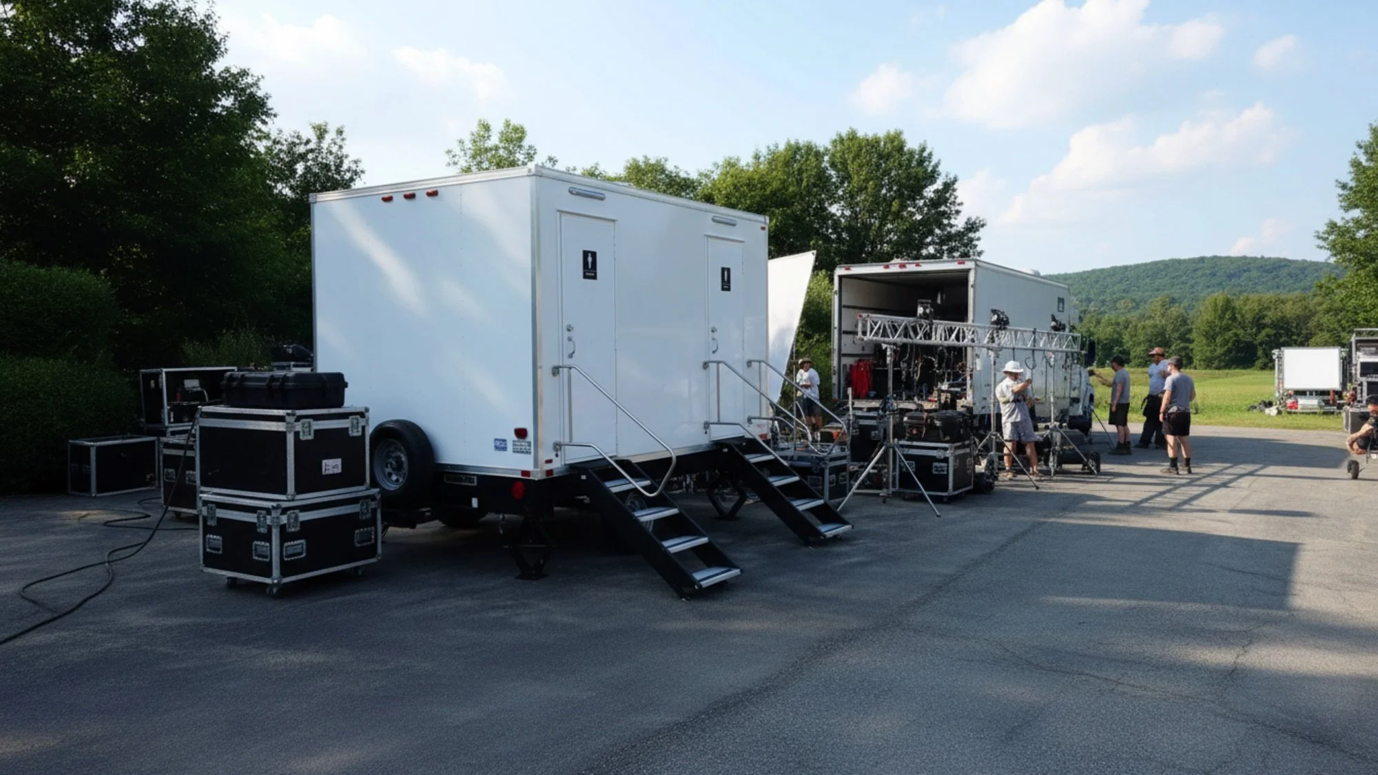 Film crew setting up behind-the-scenes equipment outdoors with trailers, lighting, and crew members preparing for shooting.