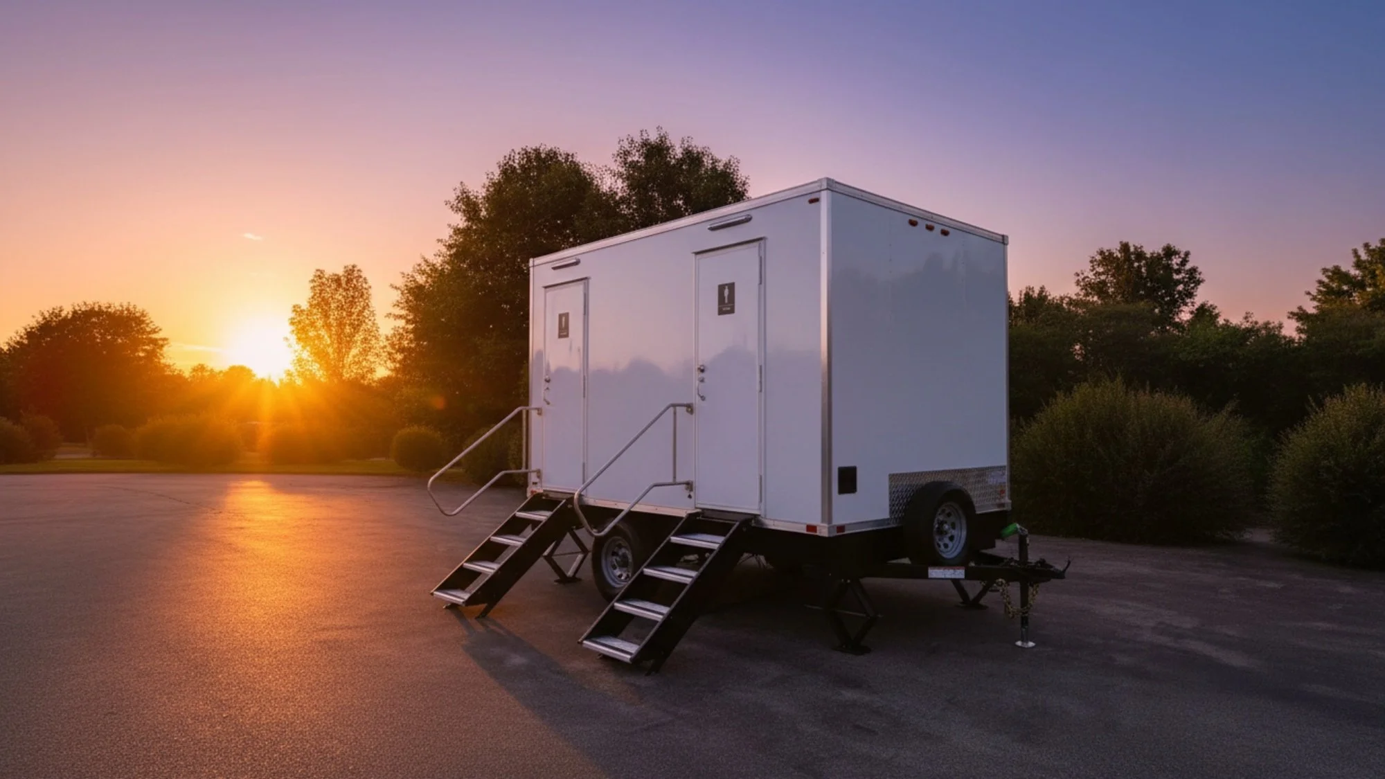 White portable restroom trailer with two doors and staircases on a paved lot at sunset, surrounded by trees and bushes.