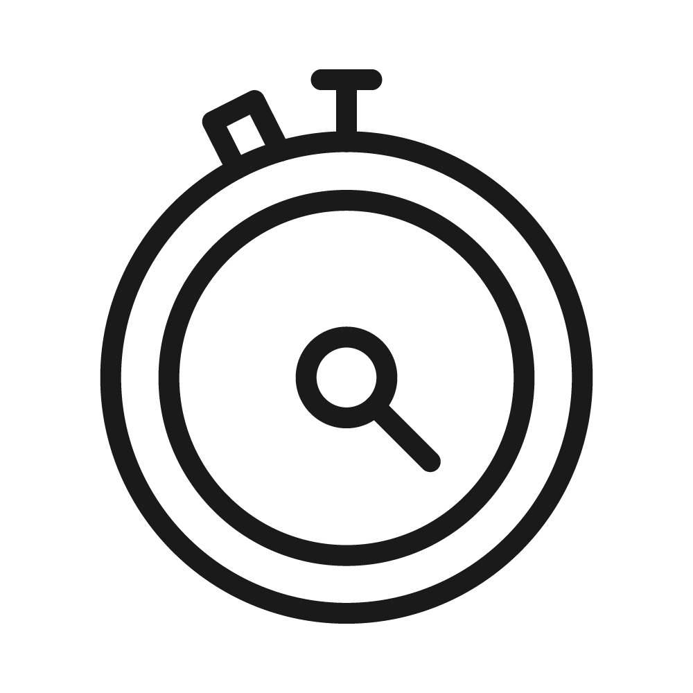 Outline of a stopwatch with a small knob at the top and a button on the side, featuring a dial and a single hand pointing to the lower right.