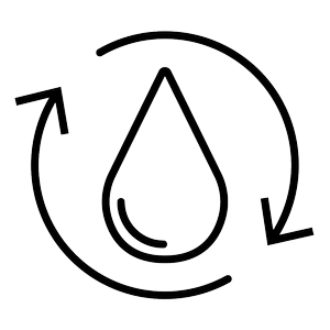 A black and white icon depicting a water droplet with circular arrows around it, symbolizing water recycling or conservation.