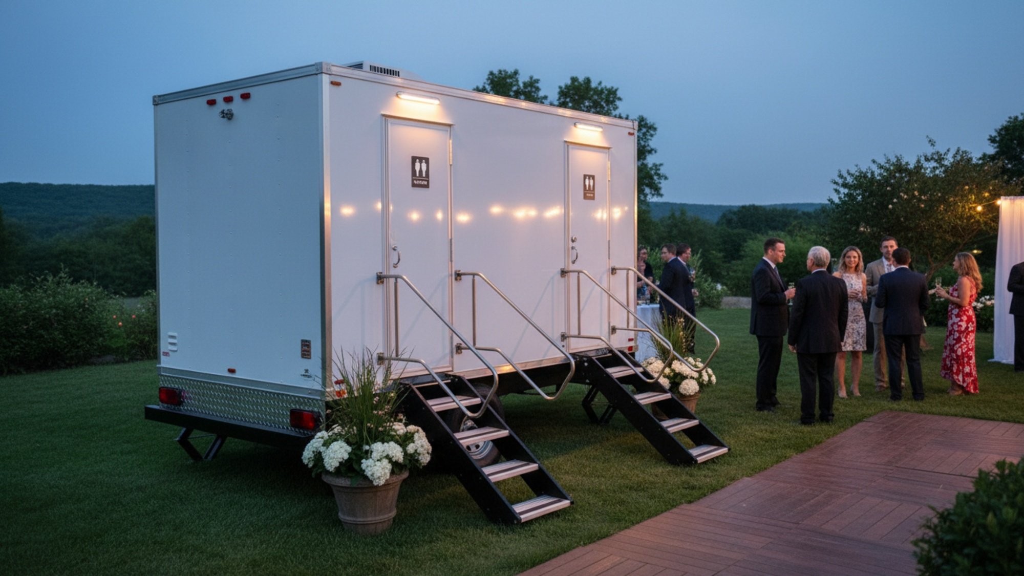 A white portable restroom trailer with stairs, located at an outdoor evening event with people socializing in the background.