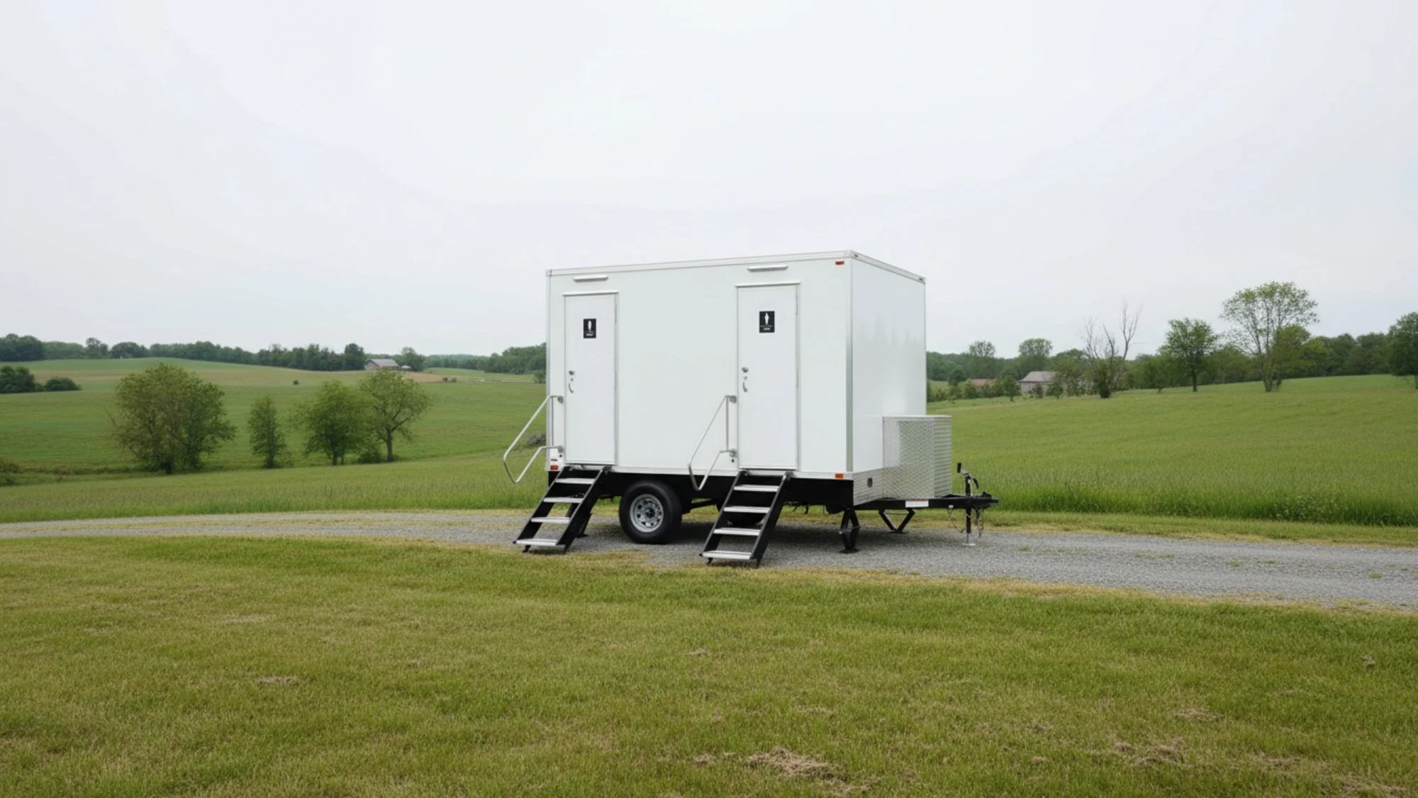 A white portable restroom trailer with two door stalls, surrounded by green fields and trees, under an overcast sky.