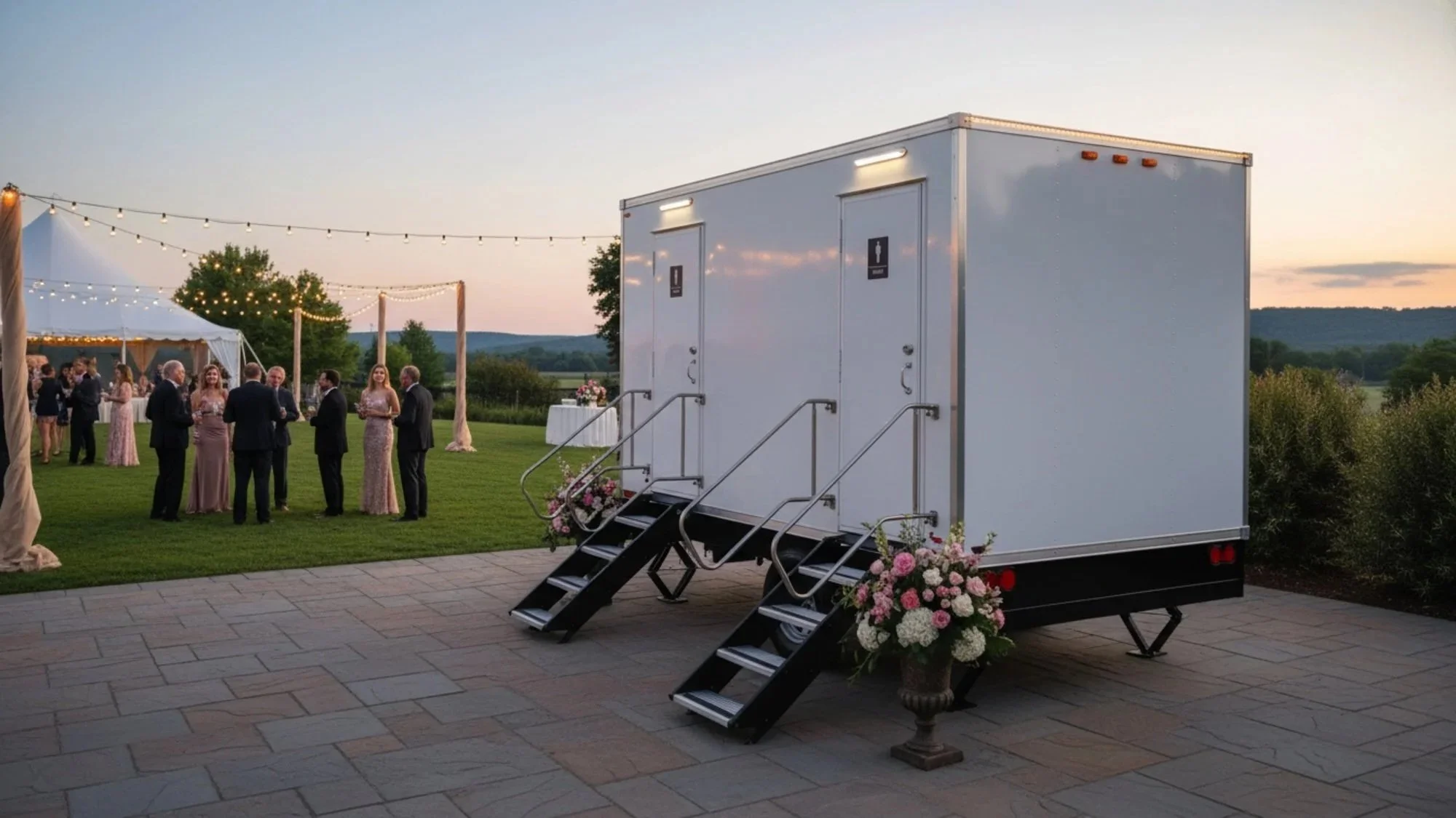 Wedding reception in an outdoor garden at sunset with a food truck serving as a restroom, decorated with flowers at the steps, guests gathered on the grass, string lights hanging above, and a white tent in the background.