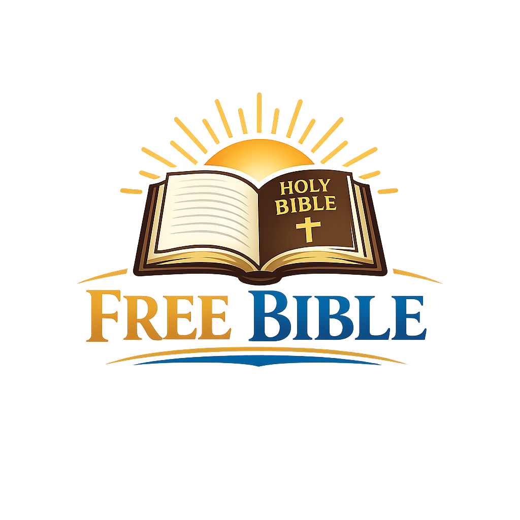 Illustration of a Bible with the words "Holy Bible" and a cross, glowing with a sun behind it, with the words "Free Bible" underneath.