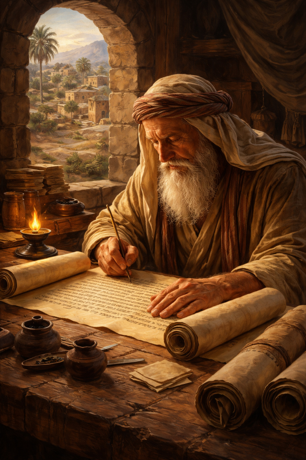 An elderly man with a beard and head covering writing on parchment scrolls at a wooden desk near an open window with a view of an ancient Middle Eastern village with palm trees.