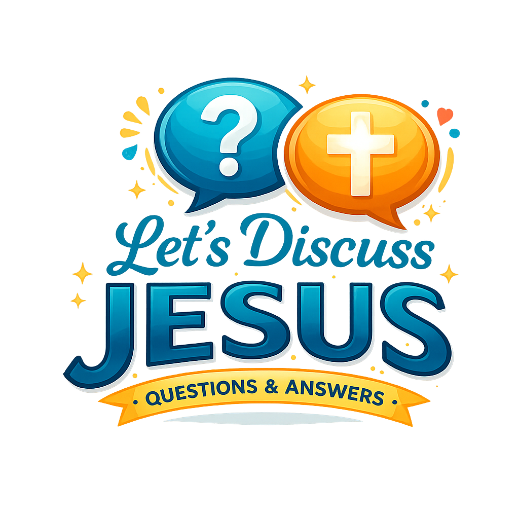 Graphic with speech bubbles containing a question mark and a cross, with text "Let's Discuss Jesus Questions & Answers" and a yellow banner at the bottom.