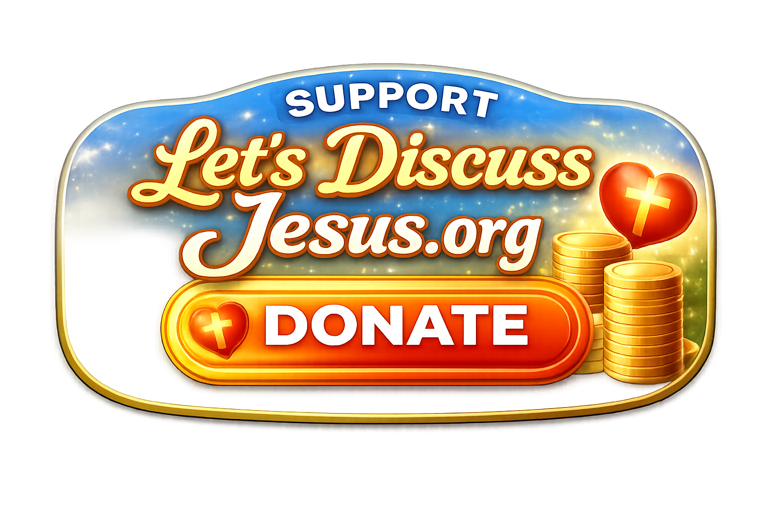 A digital graphic promoting donations to Jesus.org, featuring stacked coins, a heart with a cross, and a large orange 'Donate' button with a cross symbol.