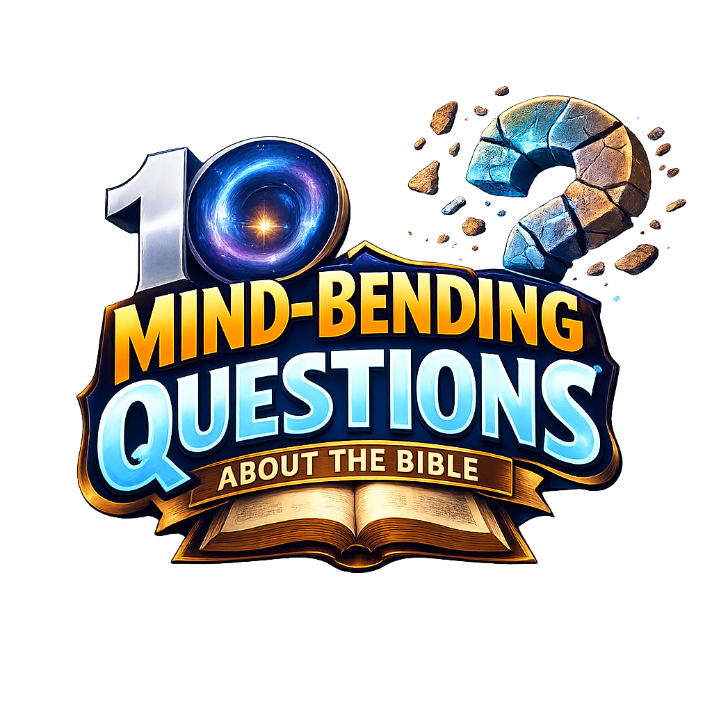 Logo for '10 Mind-Bending Questions About the Bible' with a cracked blue question mark and an open Bible.