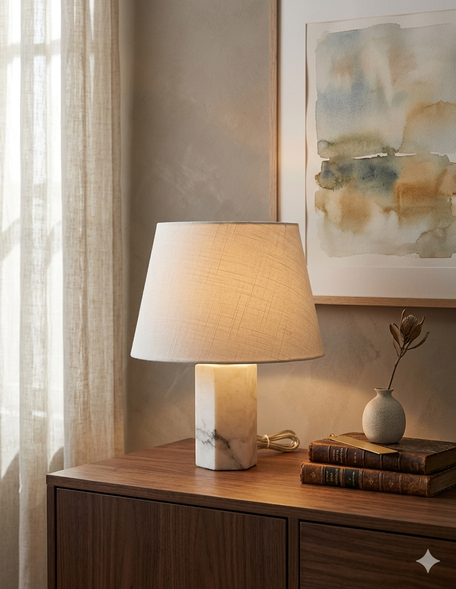 Marmeren Tafellamp met Katoenen Kap