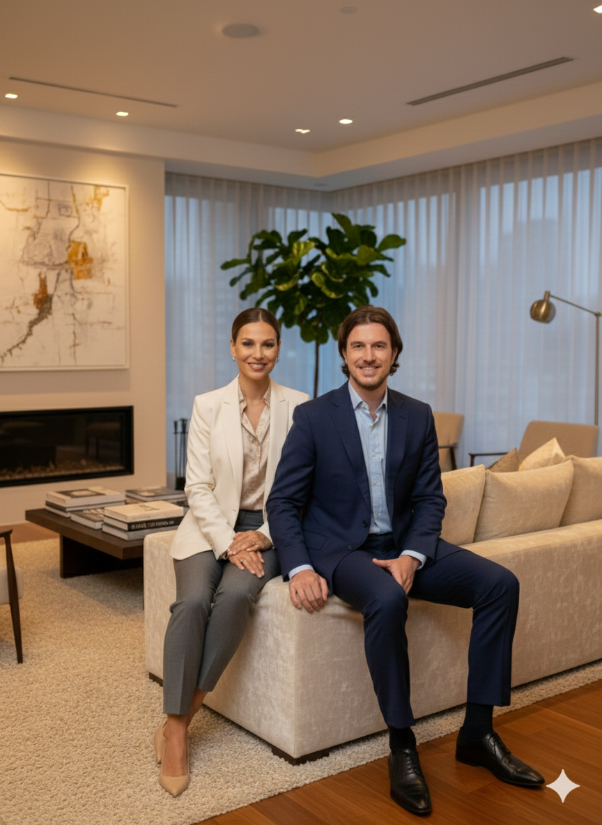 Twee mensen zitten op een bank in een luxe woonkamer, glimlachend voor de camera, met grote raamdecoraties en een grote plant op de achtergrond.