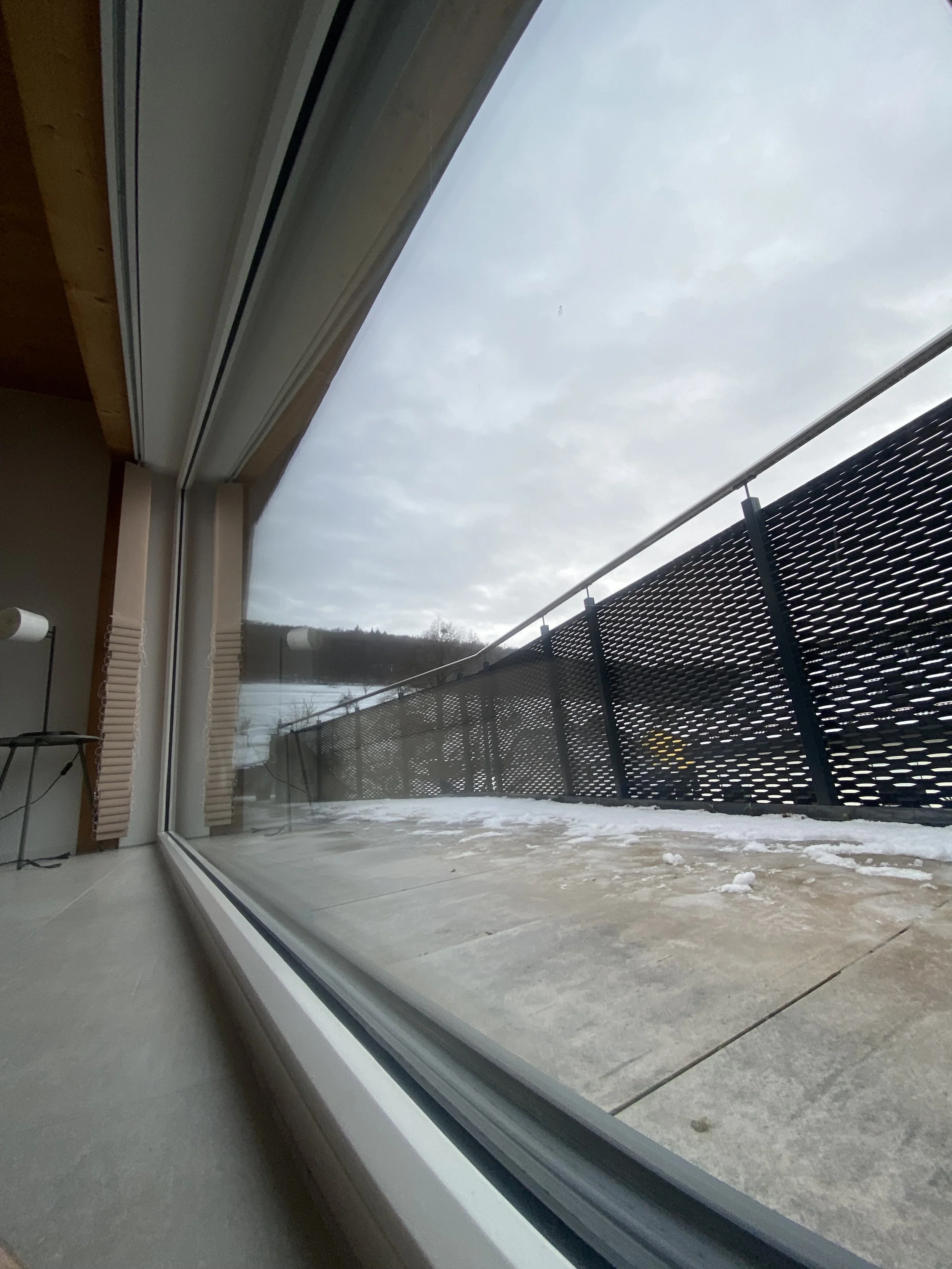 Blick durch eine große Fensterfläche auf einen Balkon mit Schneeresten und eine schwarze Metall-Geländer. Im Hintergrund sieht man eine bewölkte Himmel und Bäume.