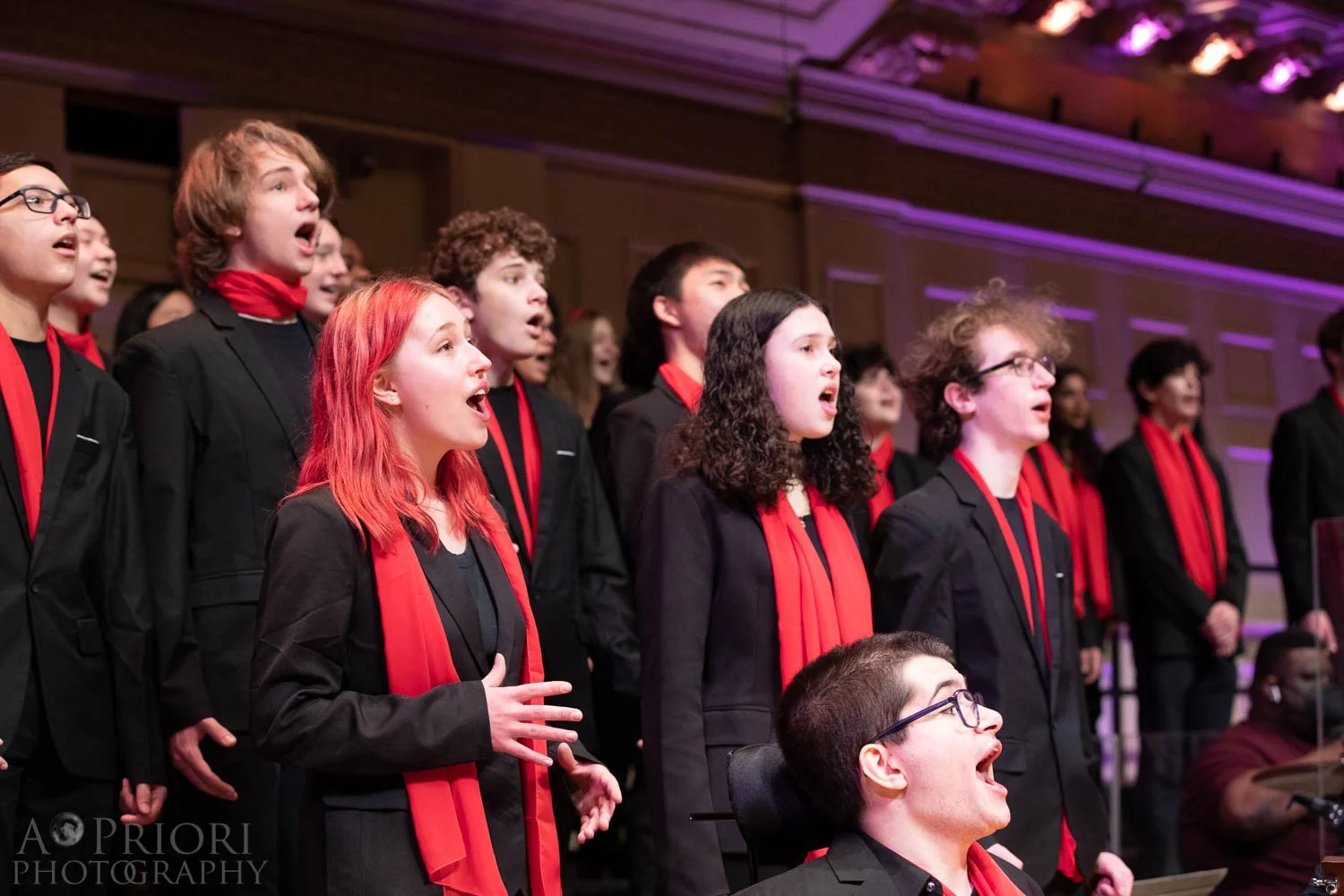 A choir of young men and women singing on stage, dressed in black suits with red scarves, in a concert hall with purple and pink lighting.