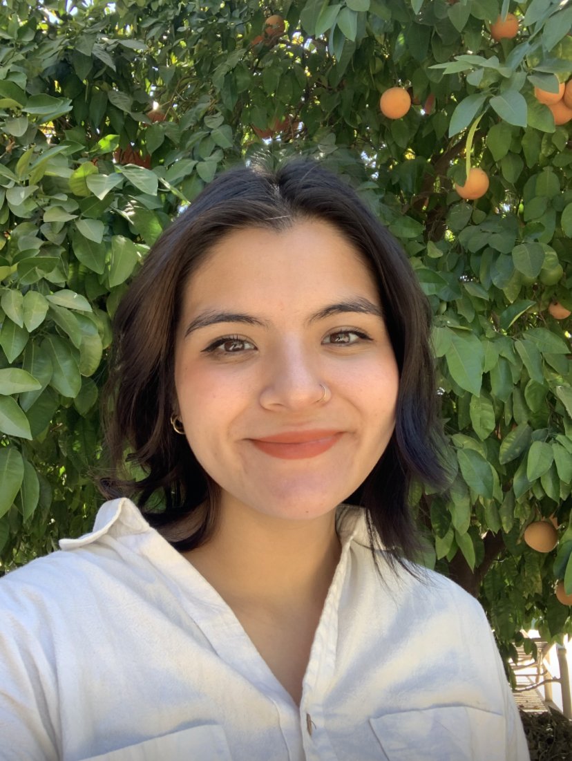 A young woman with dark hair and light skin smiling outdoors in front of a lush orange tree with ripe oranges and green leaves.