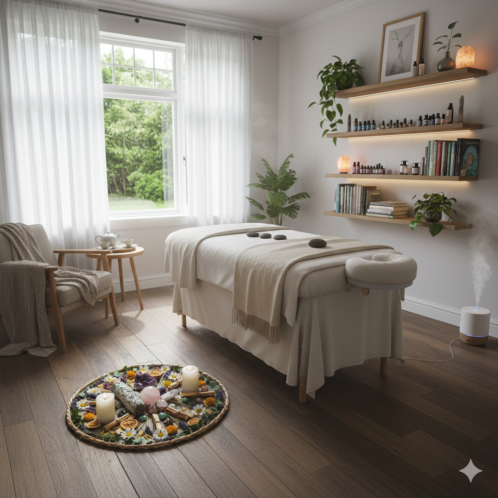 A well-lit room with a massage table covered in white linens, three black stones on top, and a window with white curtains revealing green trees outside. There is a small wooden table with a teapot and cups, a cozy armchair with a blanket, and a decorative round mat with candles, crystals, and dried flowers. The wall has wooden shelves holding books, plants, essential oils, and a framed picture of a deer, with a salt lamp and a diffuser emitting mist.