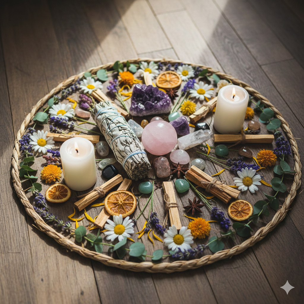 A circular arrangement of crystals, candles, dried orange slices, flowers, and herbs on a wooden floor, with sunlight shining on part of the display.