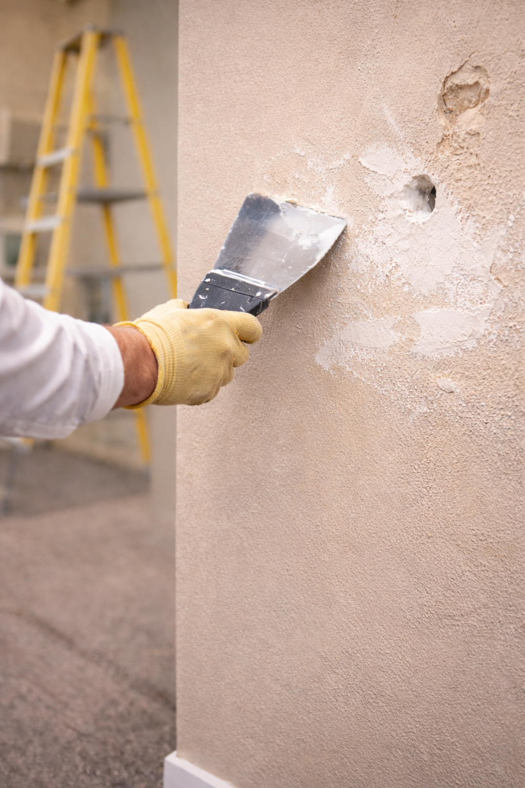 A person wearing a yellow glove using a putty knife to patch or smooth a hole in a textured beige wall, with a yellow ladder in the background.