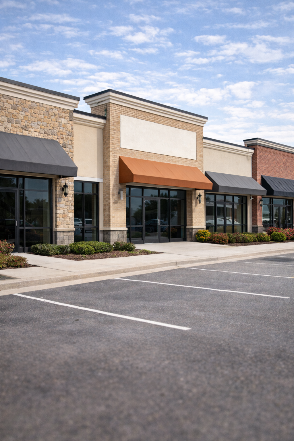 Empty storefronts in a strip mall with black, gray, and rust-colored awnings, parking lot with marked spaces, and landscaped flower beds under a partly cloudy sky.