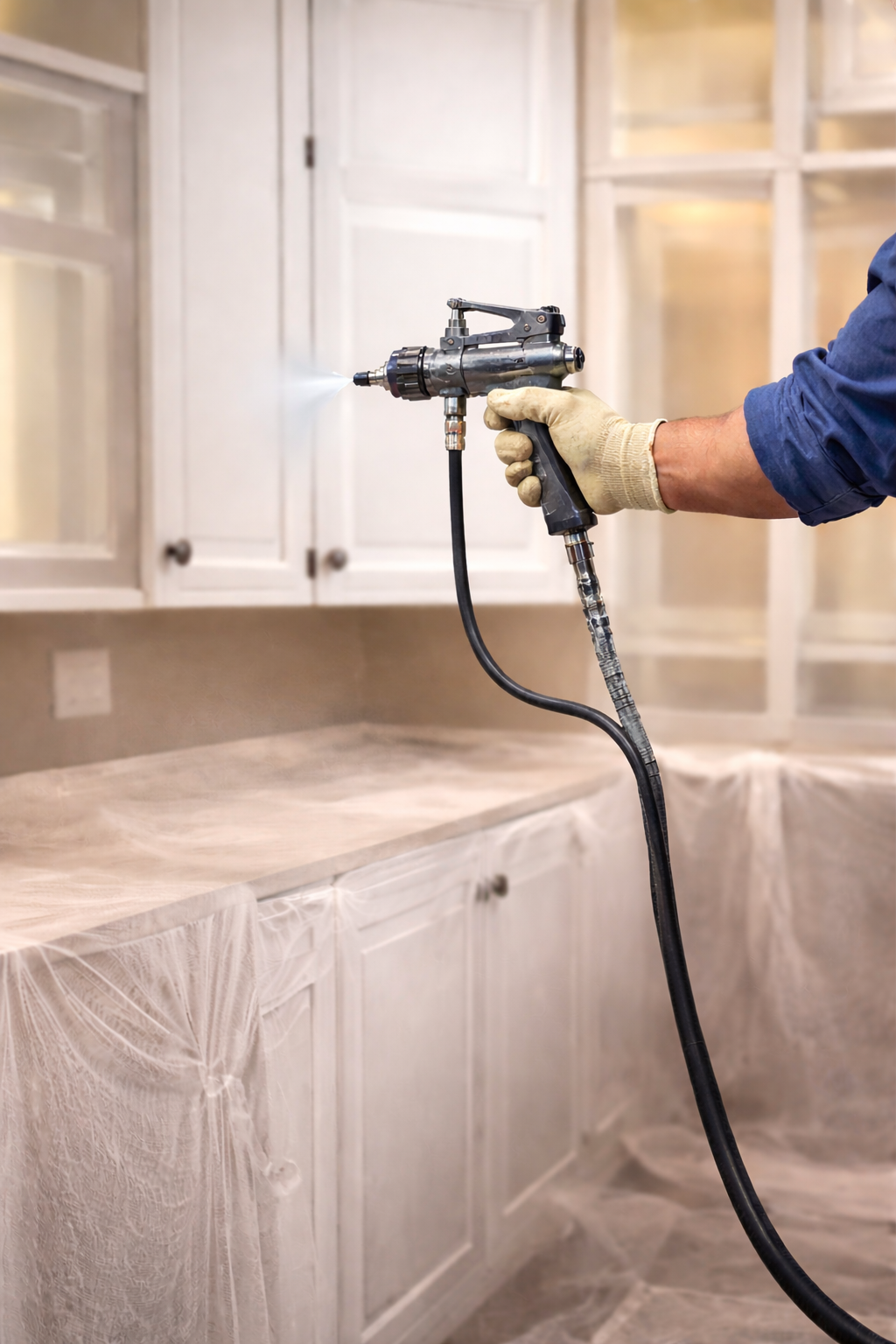 A person wearing gloves and a blue shirt using a paint sprayer in a kitchen to paint cabinets white.