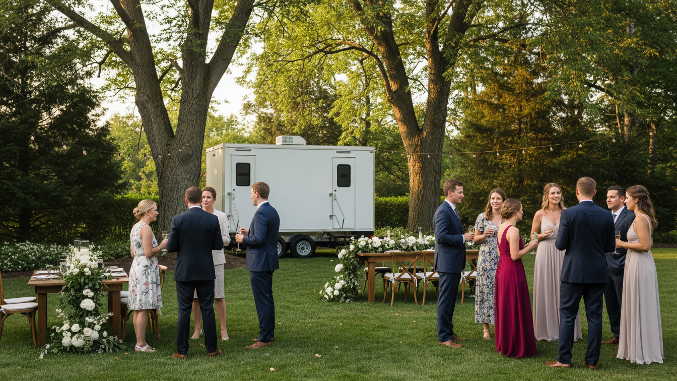 Group of people in formal attire socializing outdoors in a garden setting with trees and string lights, near a white trailer and decorated wooden tables with floral arrangements.