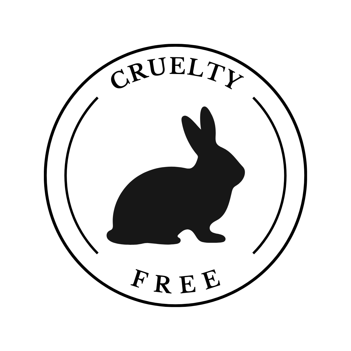 A circular label with the words 'CRUELTY FREE' and a silhouette of a rabbit in the center.