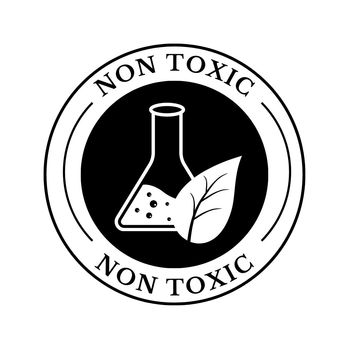 Non-toxic label with a laboratory flask, a leaf, and a test tube.