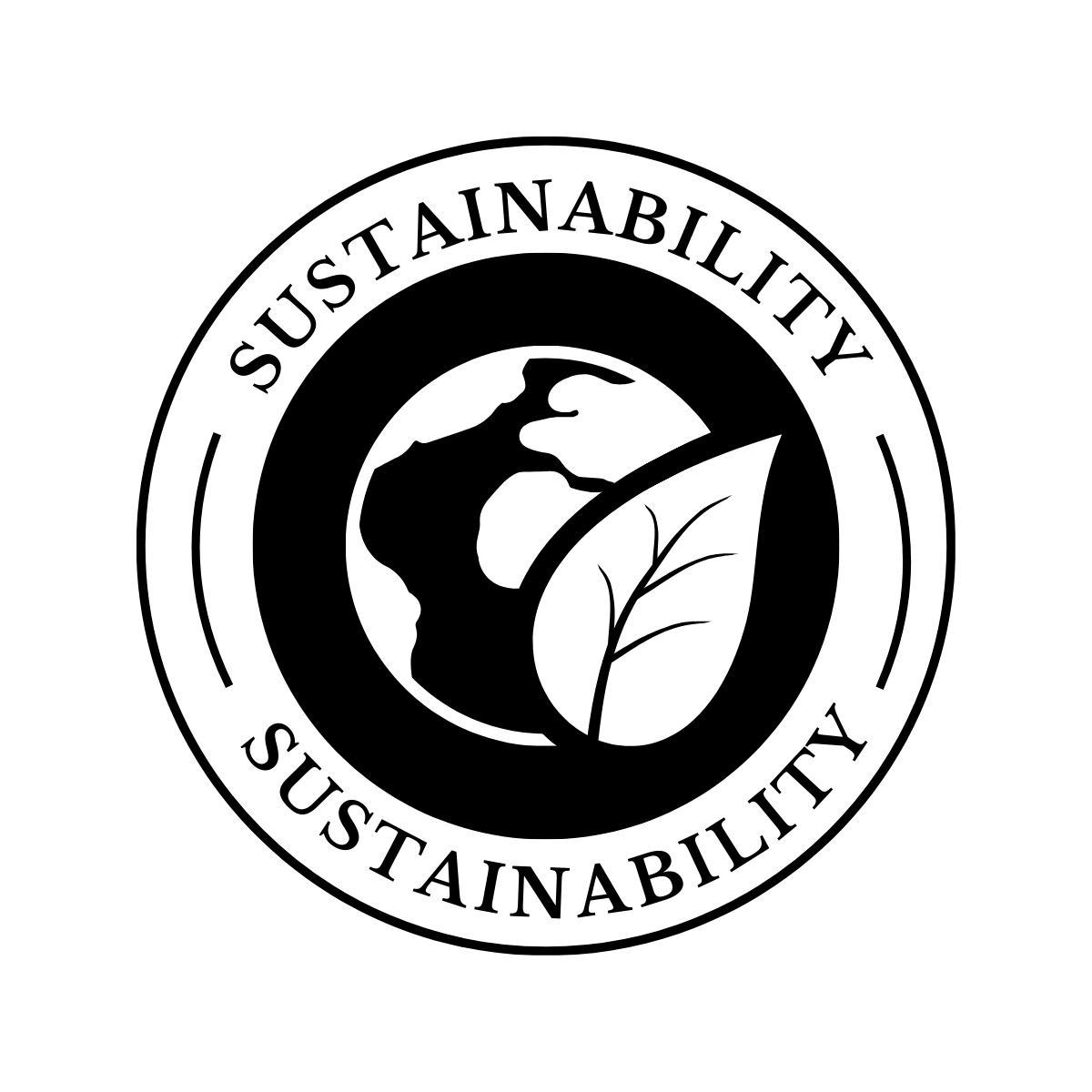 A black and white circular emblem with the words "SUSTAINABILITY" repeated twice around the border. The center features a globe, a leaf, and a mountain, symbolizing environmental sustainability.