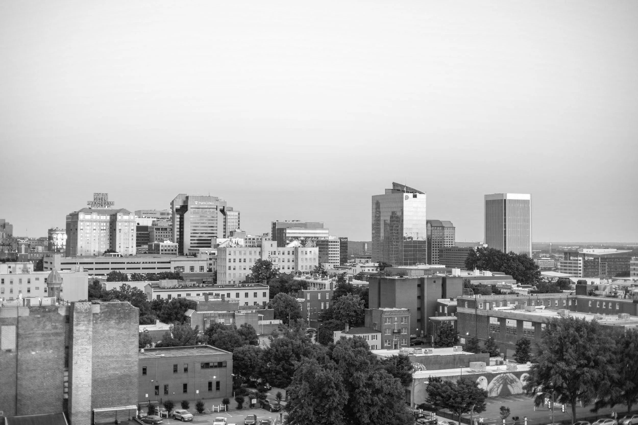 Black and white city skyline with tall buildings and trees in the foreground.