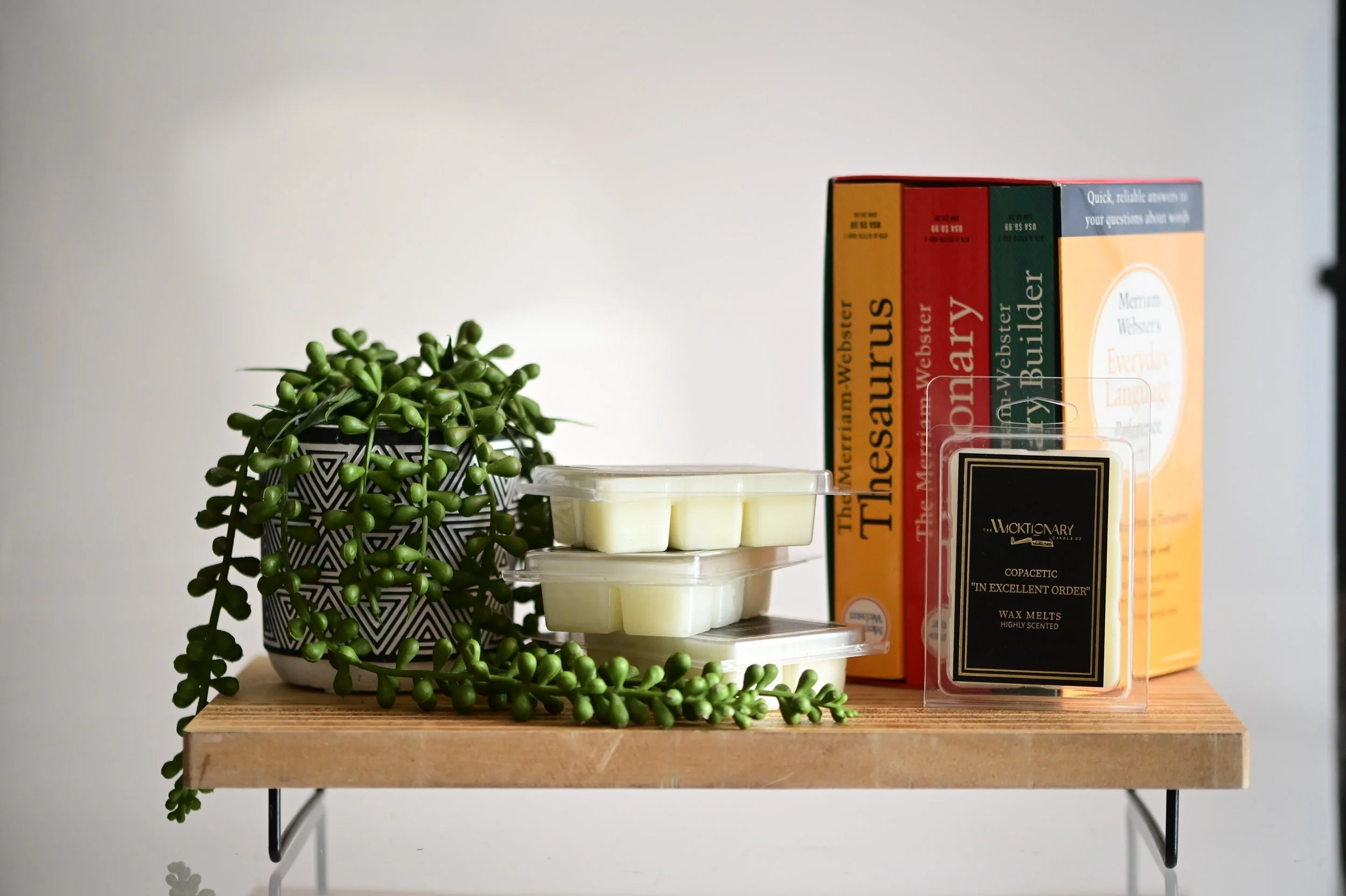 A wooden shelf with a potted plant, three containers of white candles, a stack of board books, and a small box of wax melts.