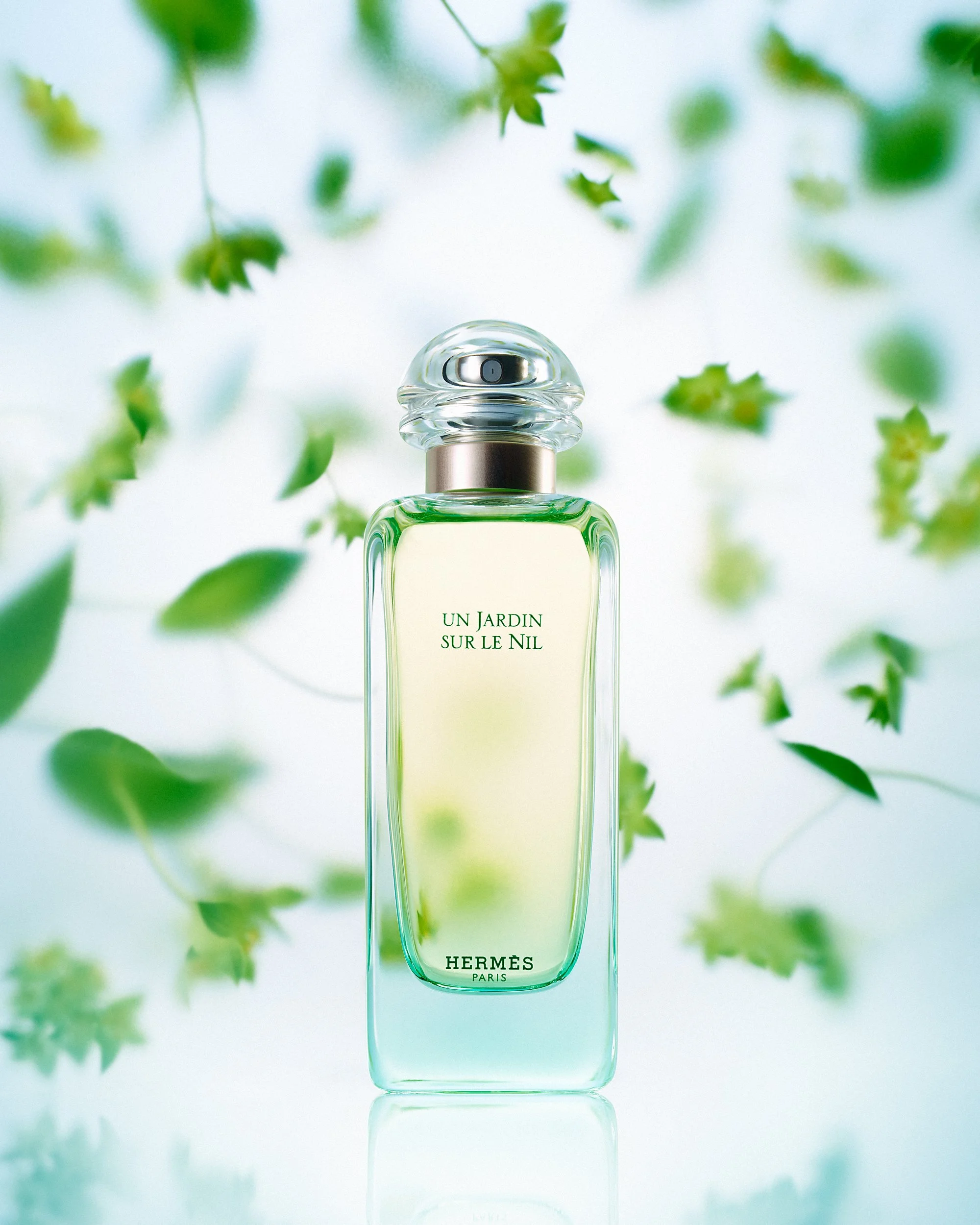 Hermés Un Jardin perfume bottle with a cool toned frosted backlit backdrop of soft botanicals