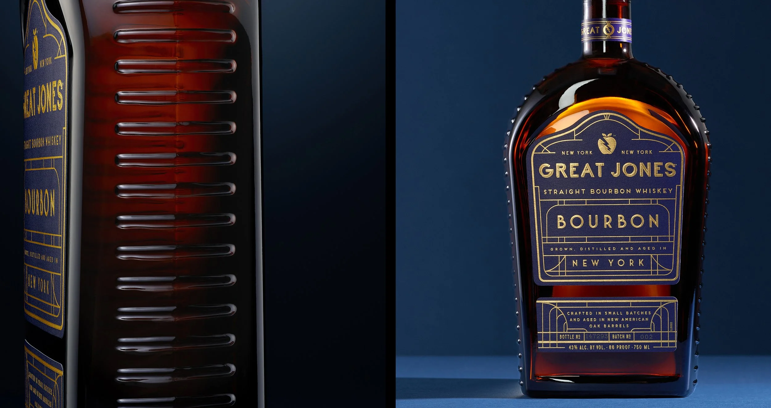A bottle of Great Jones Bourbon whiskey with a close-up of its label, showing the brand name, type, and origin, set against a dark blue background.