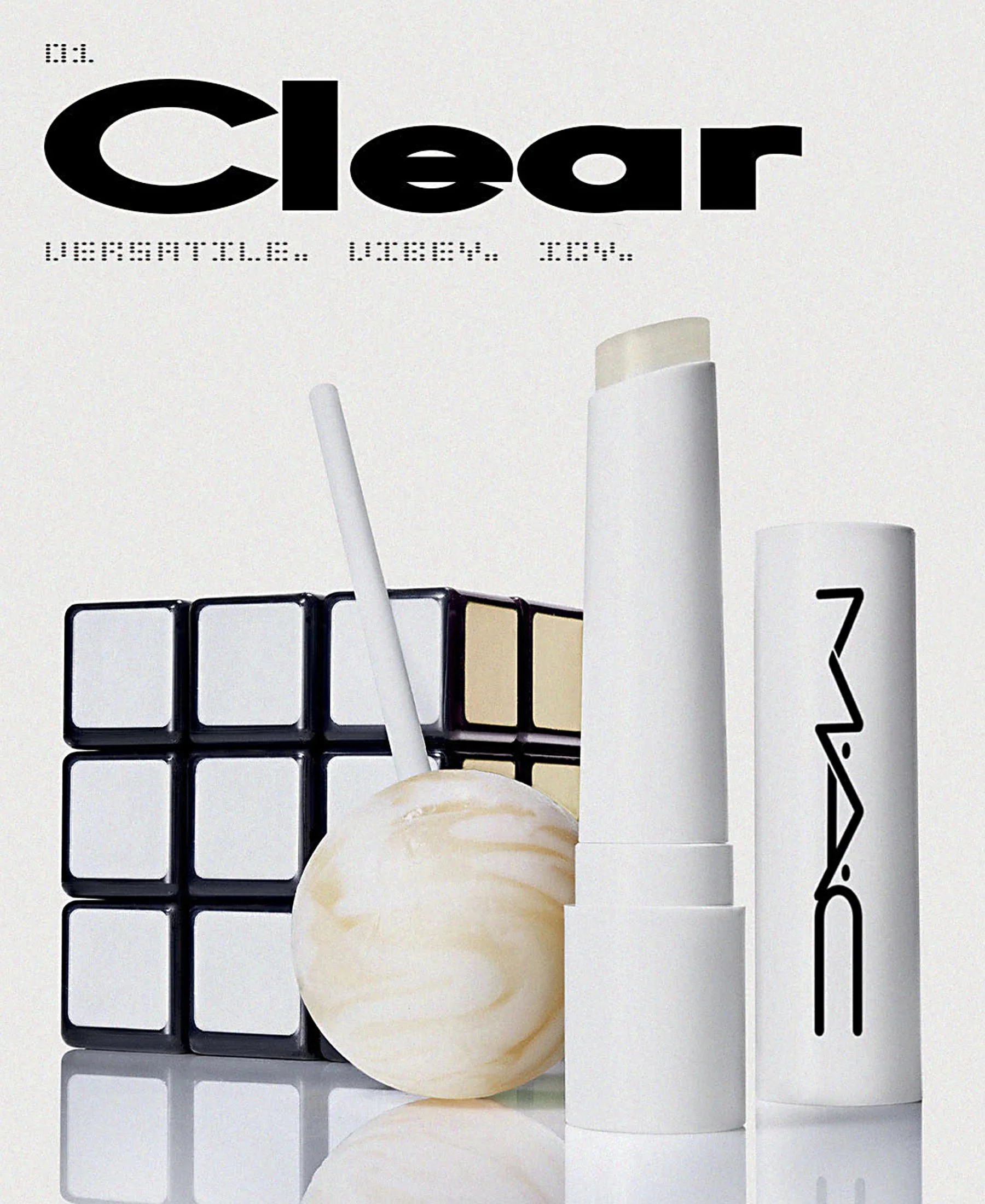 A white monochromatic compostion with 90's nostalgia props and lip balm are shown on a reflective surface with a light gray background