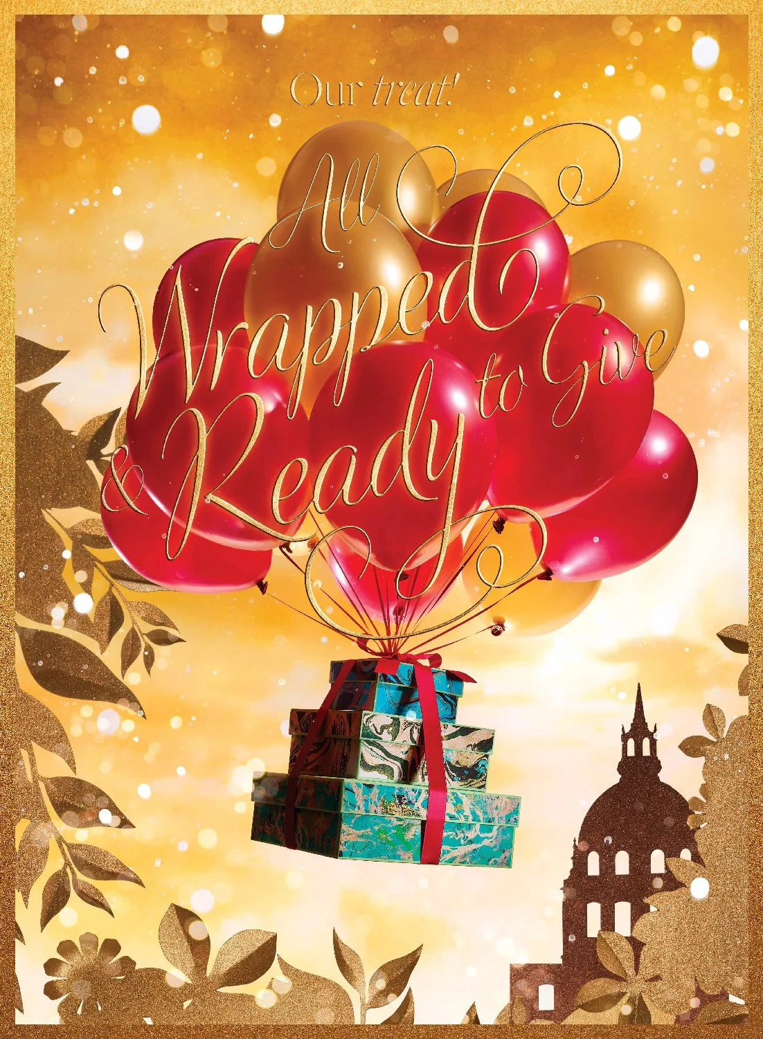 A stack of three ribbon tied gift boxes are carried into a golden sky by a cluster of red and gold balloons framed up by 2D botanical and architectural elements