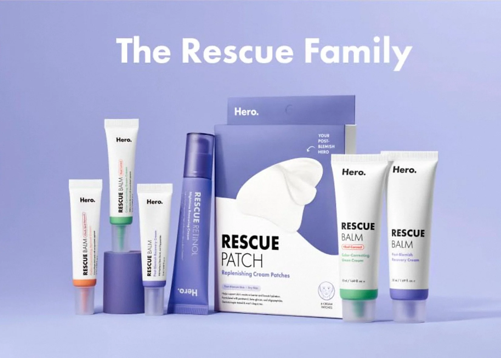 A group of seven skincare blemish products is composed on a pale purple gradient background