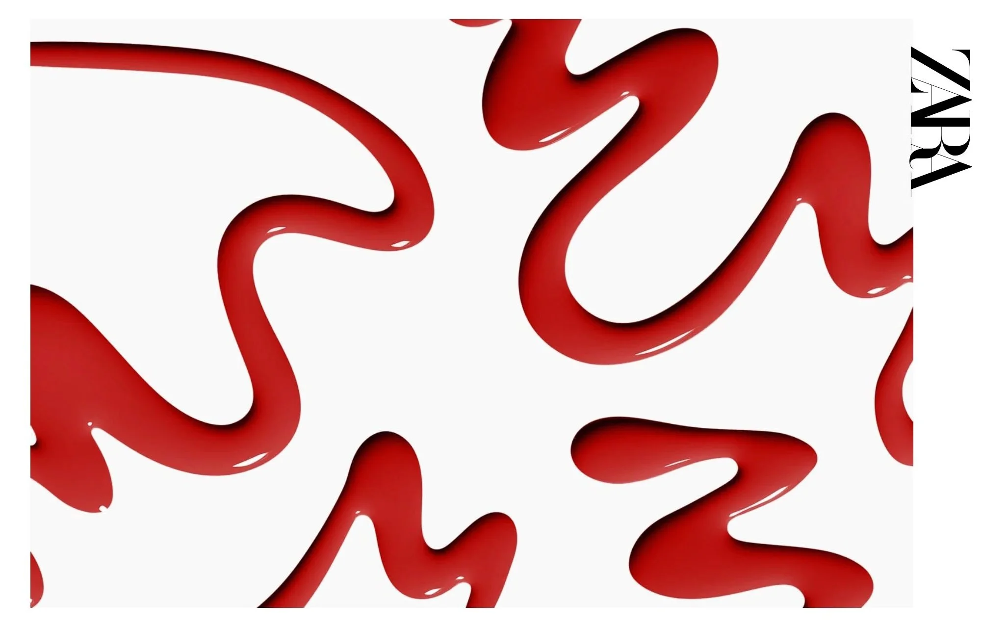 Playful squiggles of bright red high shine nail polish move through the frame against a shadowless white background