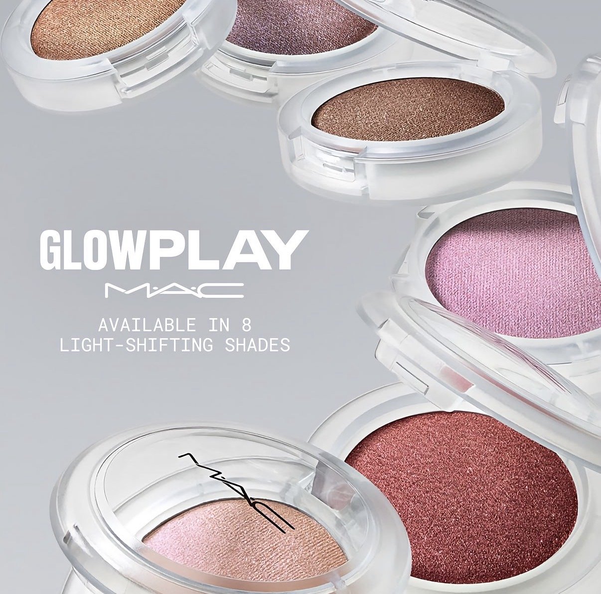 Multiple MAC Glow Play Bouncy blush compacts in various light-shifting shades, open and arranged on a light gray background.