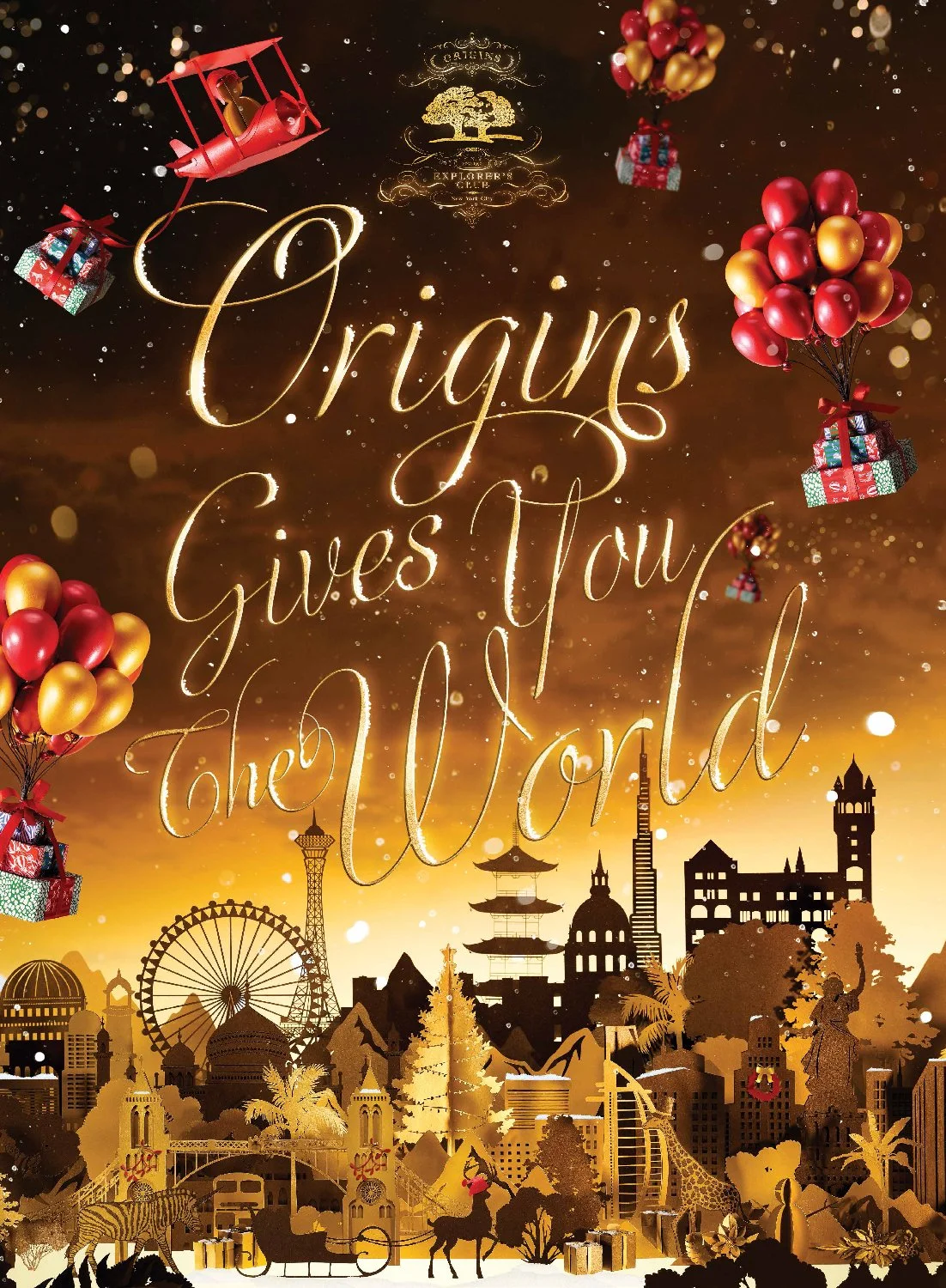 A whimsical fantasy world composed of 2D elements depicting iconic building and monuments. The golden gradient sky is filled with gift boxes, balloons and toy airplanes as snow falls throughout