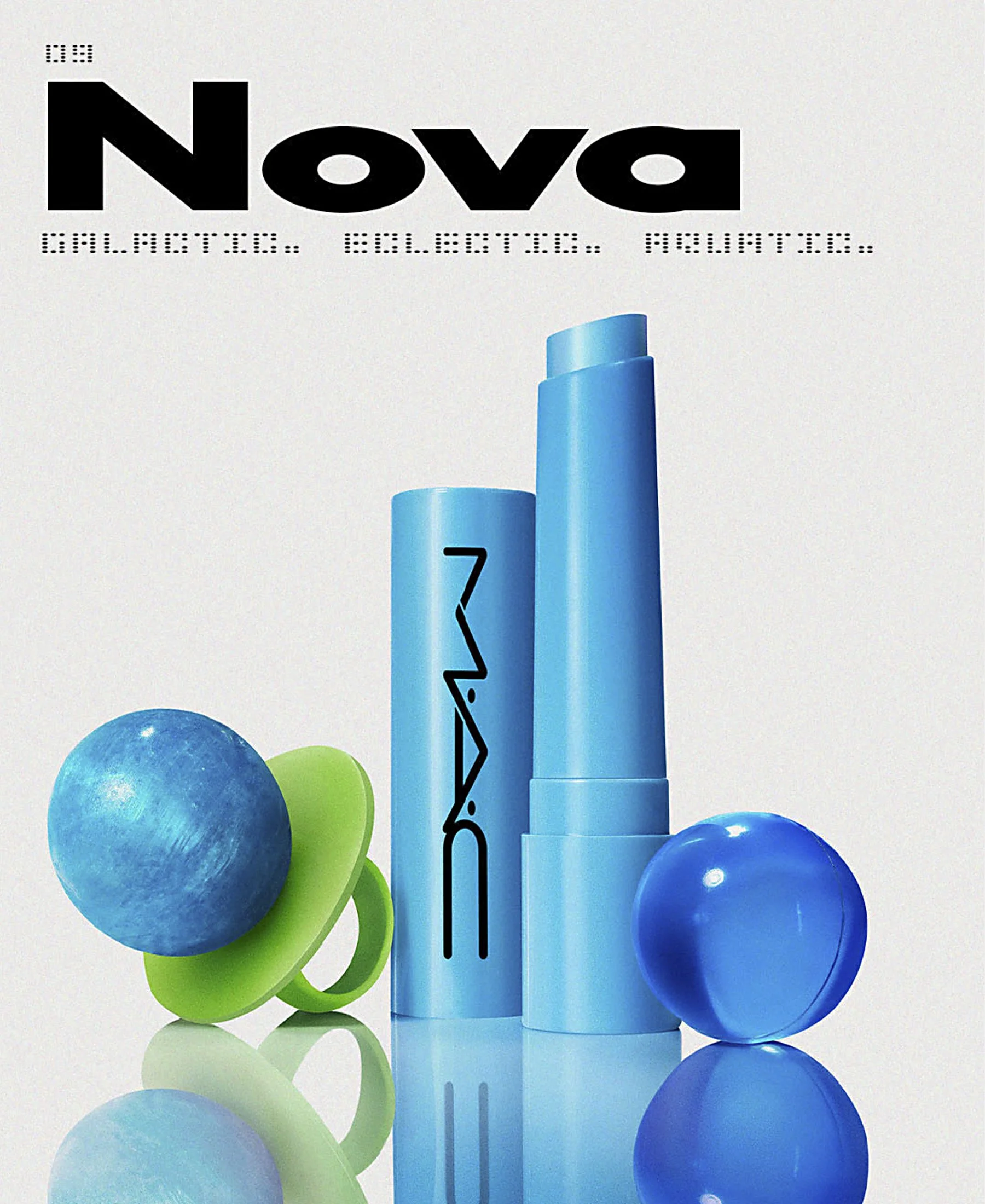 A blue monochromatic compostion with 90's nostalgia props and lip balm are shown on a reflective surface with a light gray background