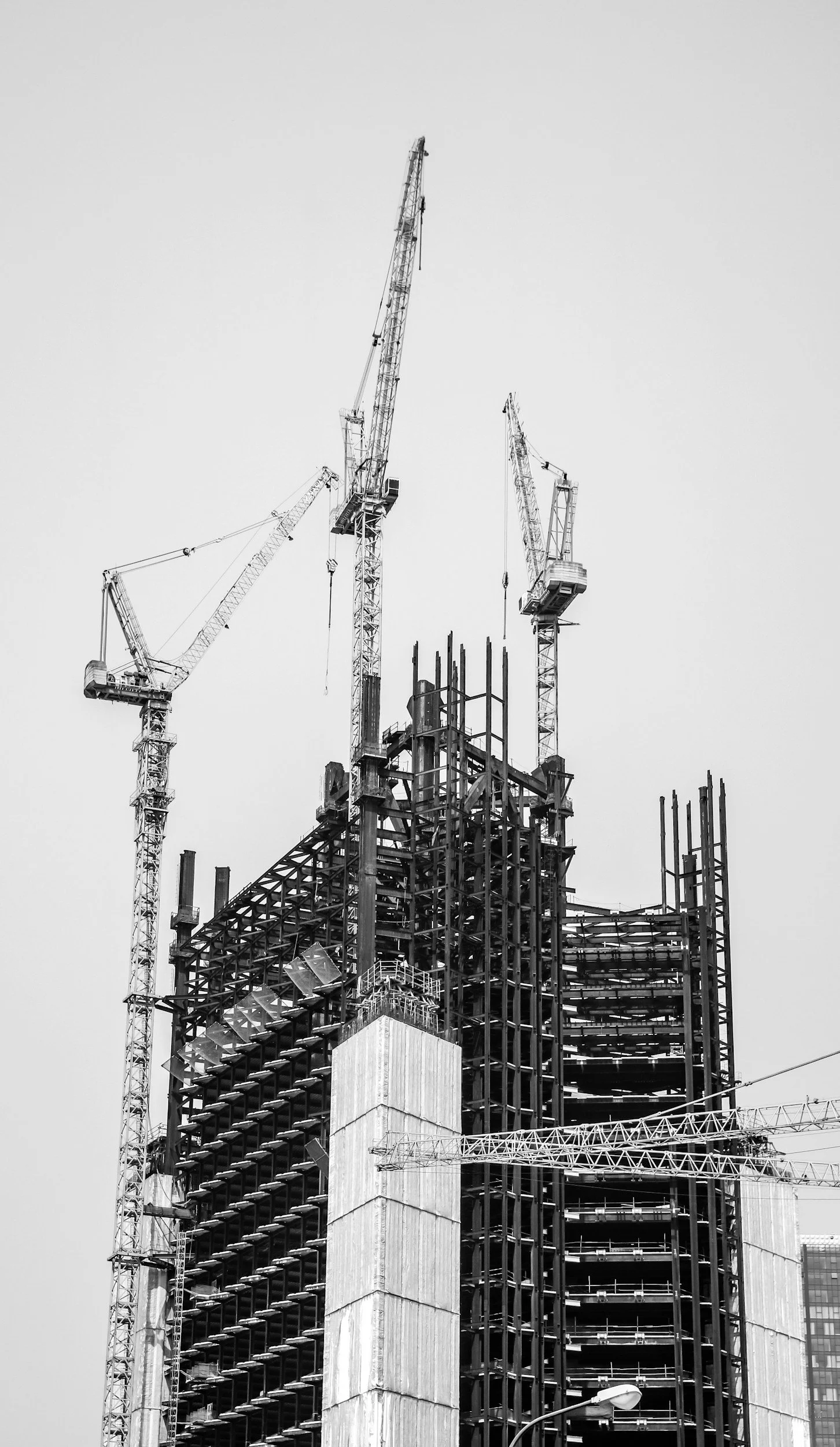 Black and white photo of a construction site with a building under construction, multiple cranes, and steel framework.