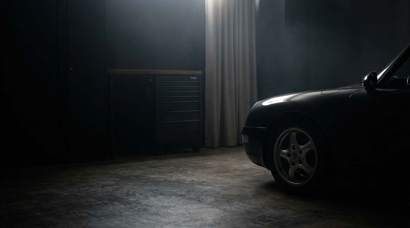 A black Porsche car parked indoors in a dimly lit room, with a curtain and a cabinet visible in the background.