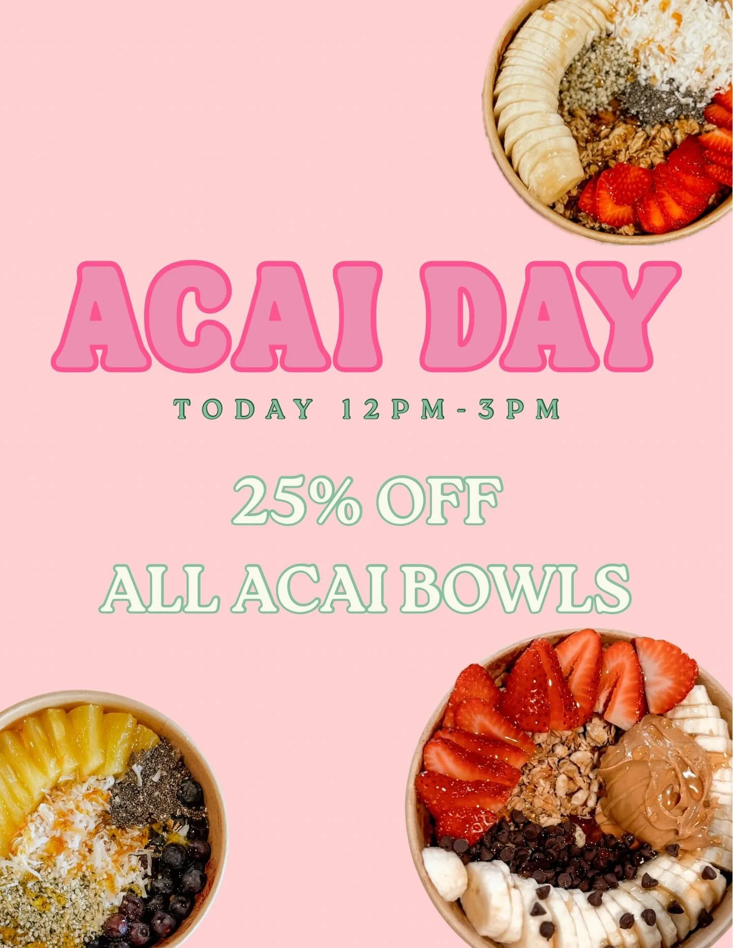 HAPPY NATIONAL ACAI DAY! 💜 
Today 12-3 all Acai Bowls are 25% off!