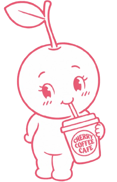 A cute cartoon character with a turnip or radish head, holding a cup labeled Cherry Coffee Cafe, sipping through a straw.