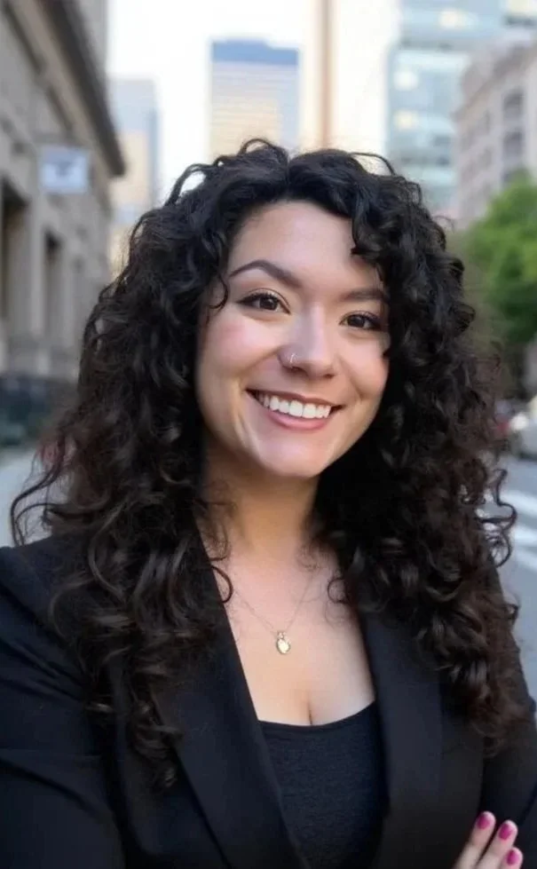 A woman with curly dark hair and a nose ring smiling outdoors in an urban setting with buildings and trees in the background.