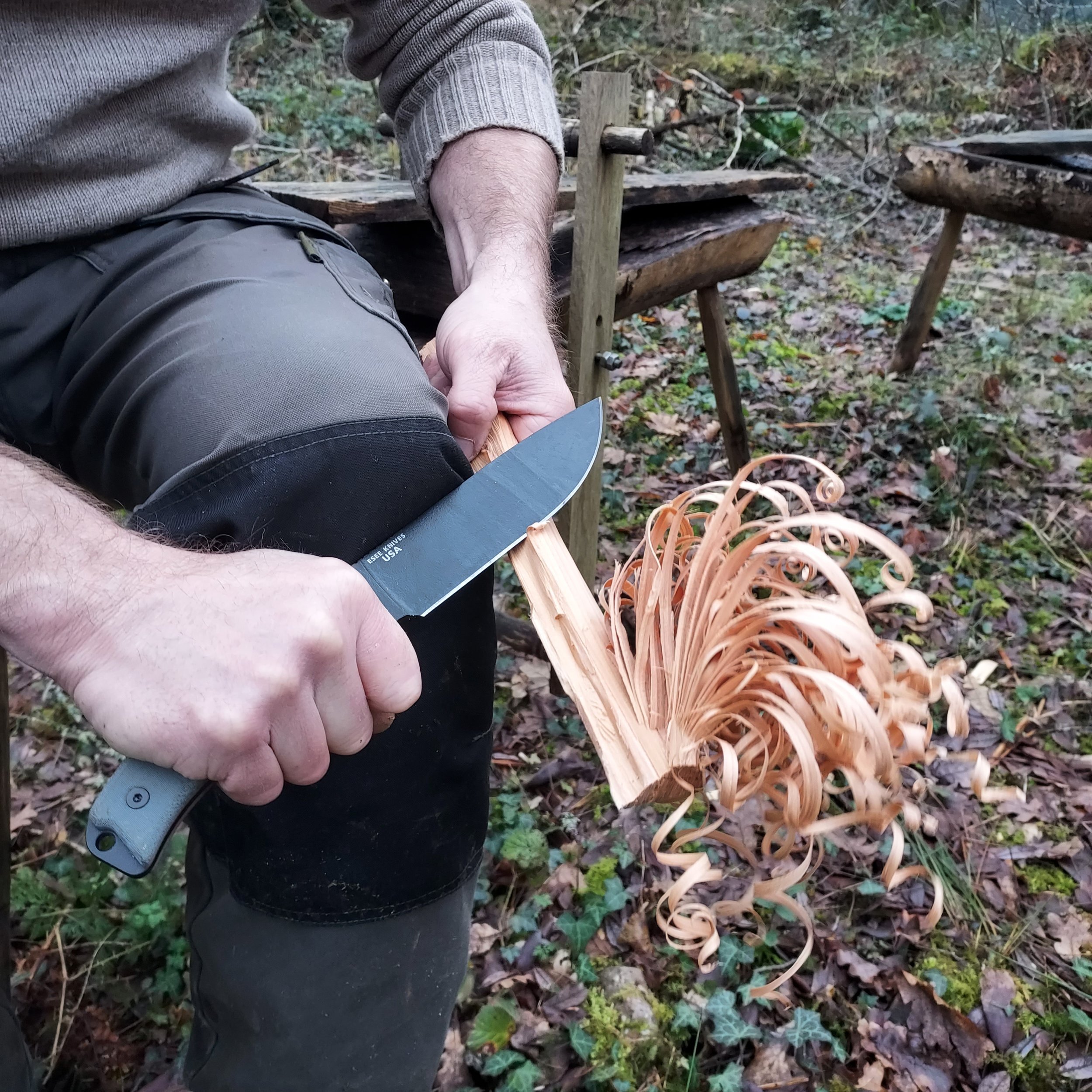 Person carving a piece of wood with a knife outdoors in a forest setting, with saw horses and fallen leaves visible in the background.