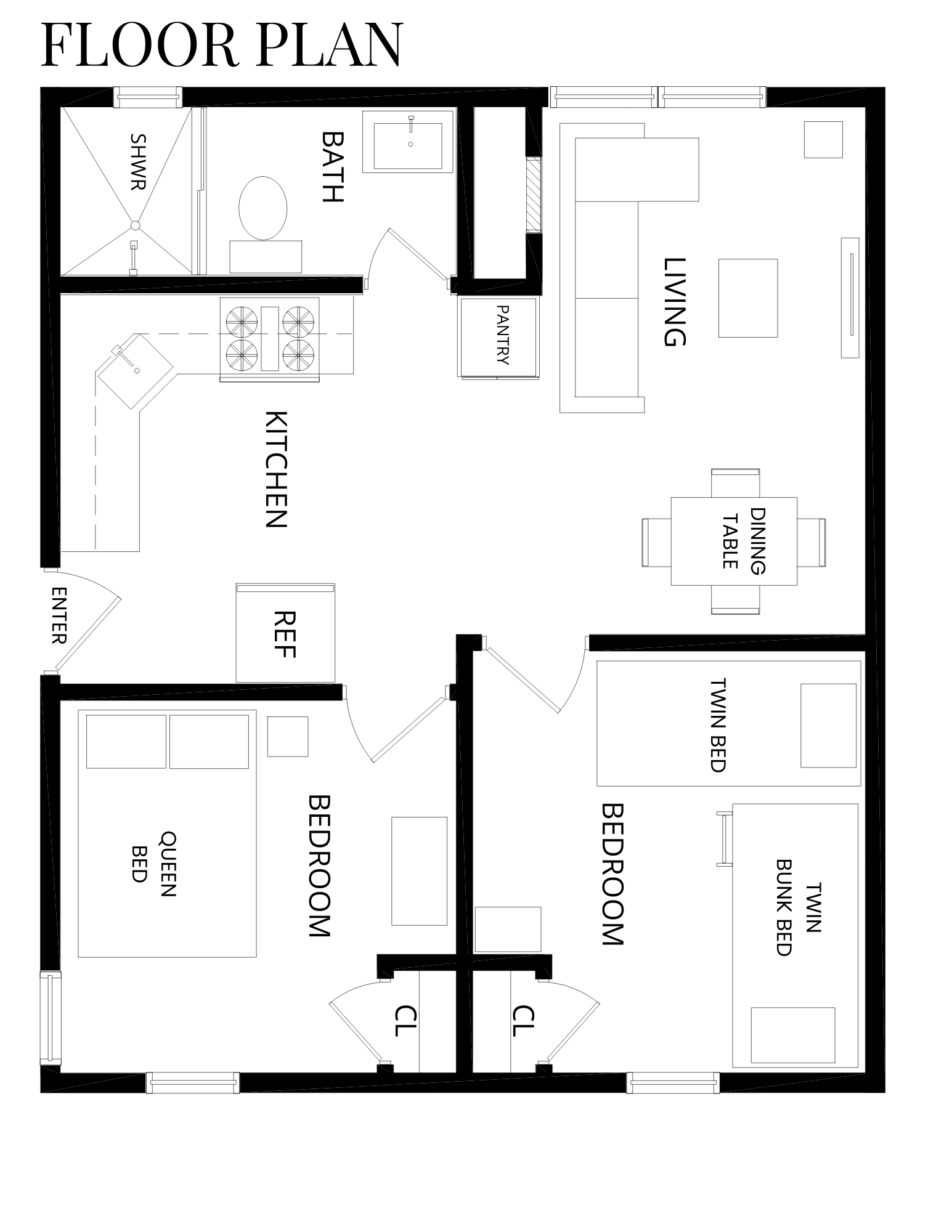 Floor plan of a house showing two bedrooms, a kitchen, living and dining area, a bathroom with shower, pantry, and closets